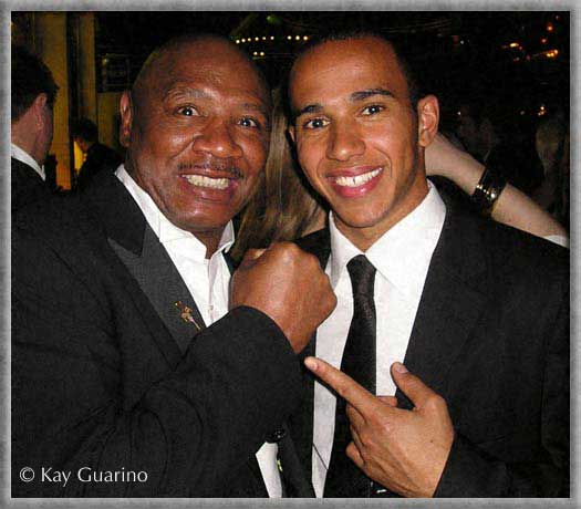 Marvelous Marvin Hagler with Formula 1 race car champion Lewis Hamilton.